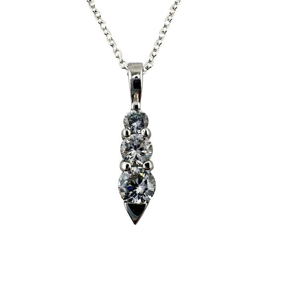 Cubic Zirconia Triple Gem Prong Set Modern Minimalist Silver Tone 18" Necklace - Picture 2 of 8